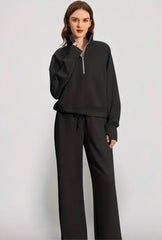 2 Piece Casual Lapel Half Zip Sweatshirt with Wide Leg Pants - chic life.com