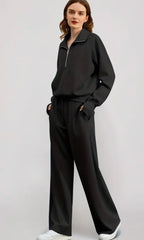 2 Piece Casual Lapel Half Zip Sweatshirt with Wide Leg Pants - chic life.com