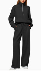 2 Piece Casual Lapel Half Zip Sweatshirt with Wide Leg Pants - chic life.com