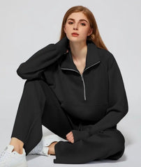 2 Piece Casual Lapel Half Zip Sweatshirt with Wide Leg Pants - chic life.com