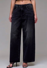 Black Oversized Low Slung Studded Baggy Jean - chic life.com