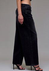 Black Oversized Low Slung Studded Baggy Jean - chic life.com