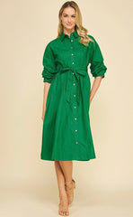 Button Down Midi Dress with Tucked Sleeve - chic life.com