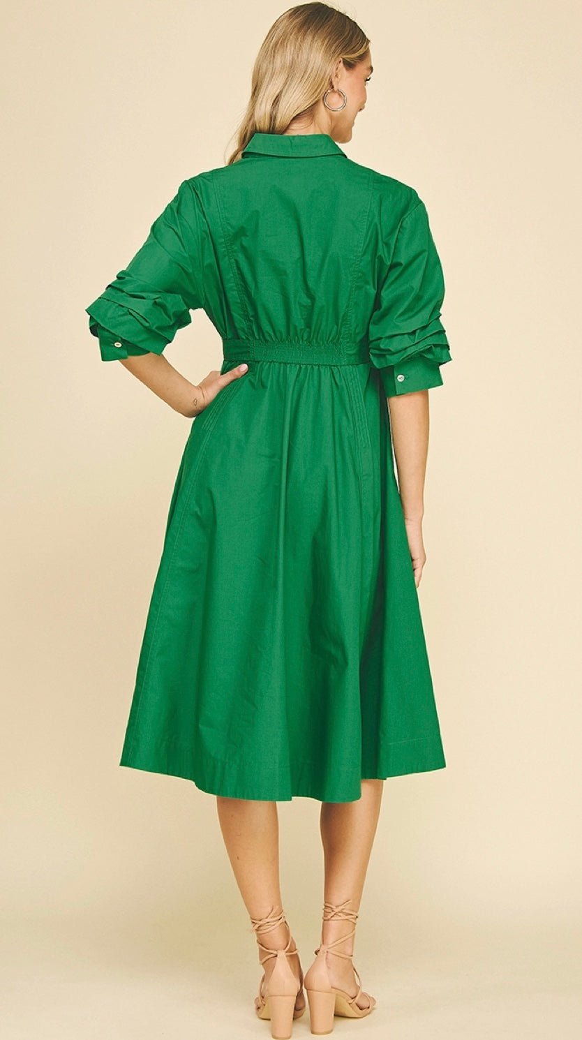 Button Down Midi Dress with Tucked Sleeve - chic life.com