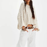 Cropped Cable Knit Sweater | 7/8 Bell Sleeve Pullover Women: Khaki / 100%Acrylic / XL - chic life.com