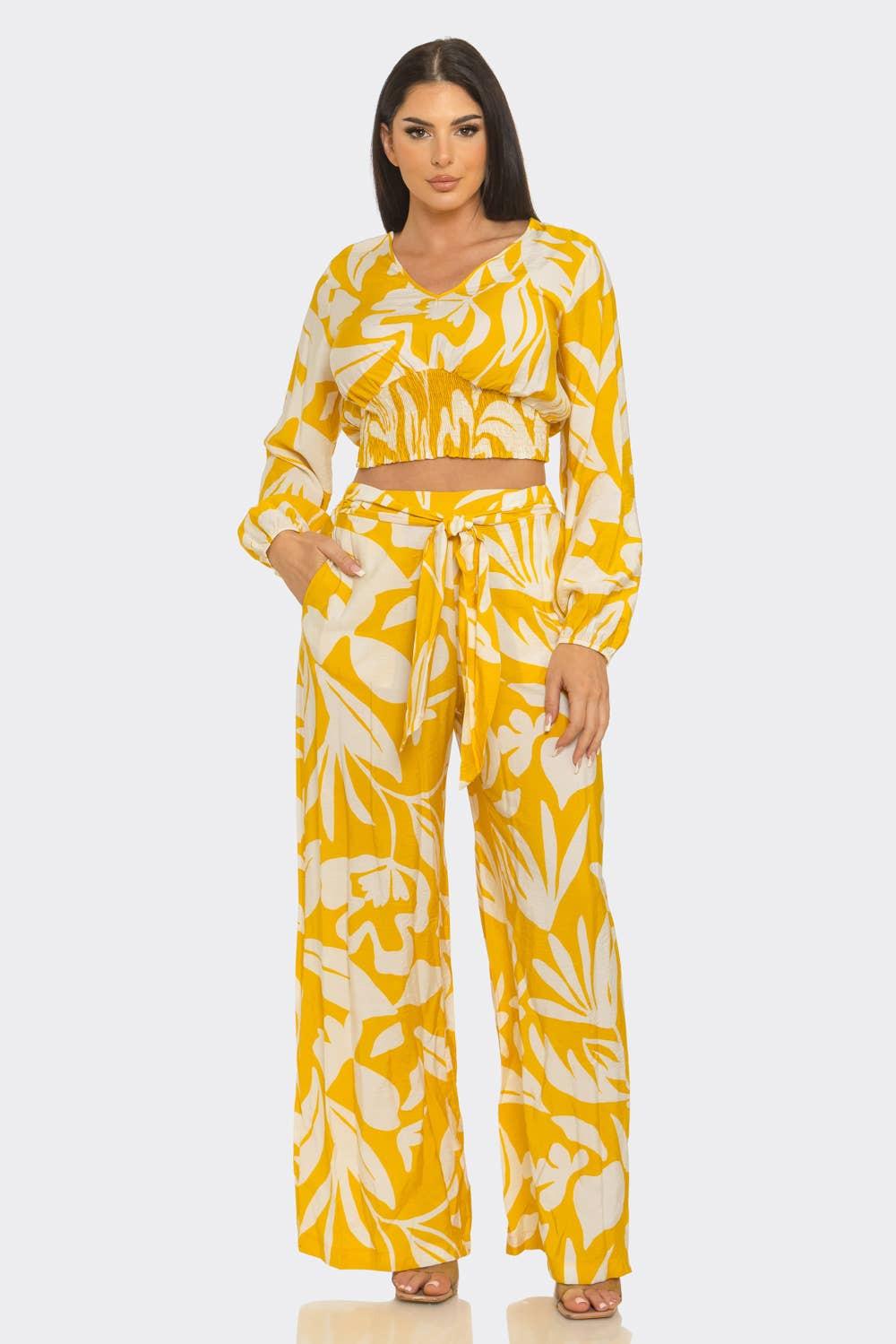 Floral Print Elastic Shirring Top And Pants Set : Yellow - White - chic life.com