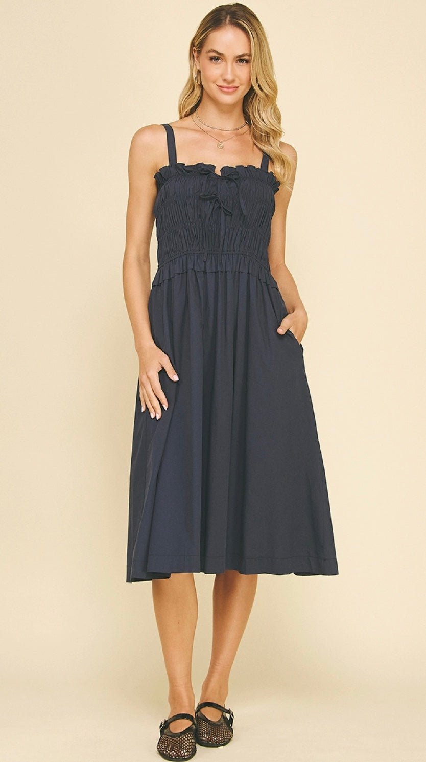 Front - Tie Detailed Smocking Midi Dress - chic life.com
