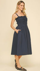 Front - Tie Detailed Smocking Midi Dress - chic life.com