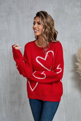 Heart Print Pullover Sweater - Valentine’s Day Knit Top: Red / M - chic life.com
