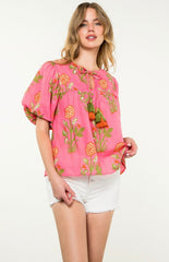 Puff Sleeve Floral Tassel Tie Top - chic life.com