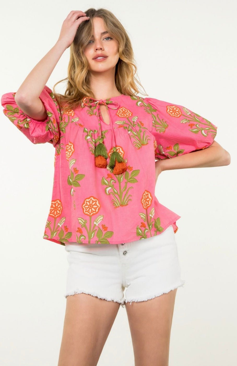 Puff Sleeve Floral Tassel Tie Top - chic life.com