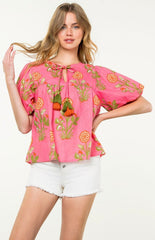 Puff Sleeve Floral Tassel Tie Top - chic life.com