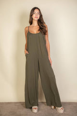 Spaghetti strap solid wide jumpsuit: Black / L - chic life.com