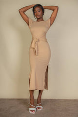 Tie Front Short Sleeve Side Slit Dress: BLACK / S - chic life.com