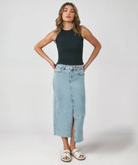 Vintage Ice Blue High - Rise Maxi Denim Skirt by Lola Jeans - chic life.com