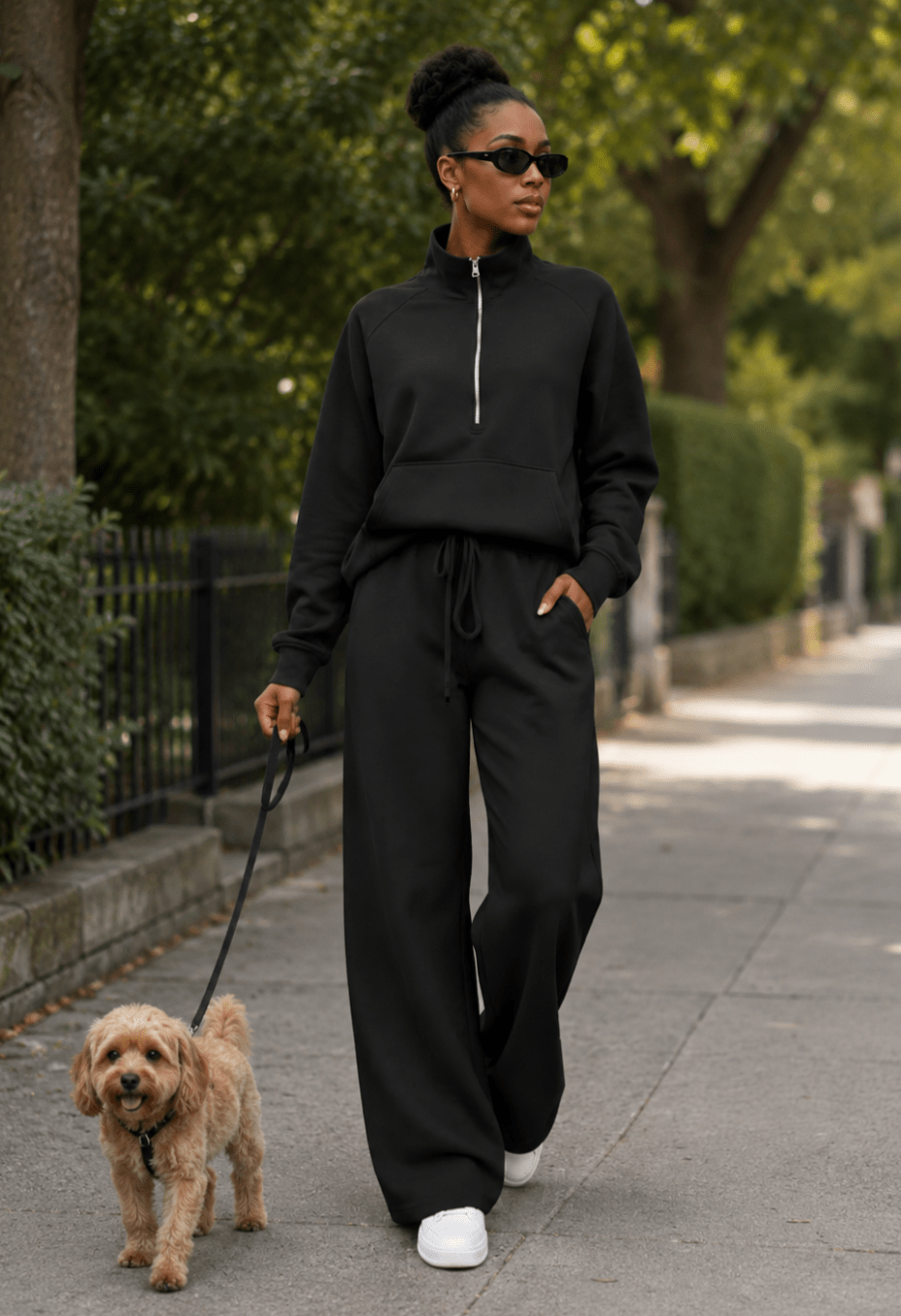2 Piece Casual Lapel Half Zip Sweatshirt with Wide Leg Pants - Chic Life