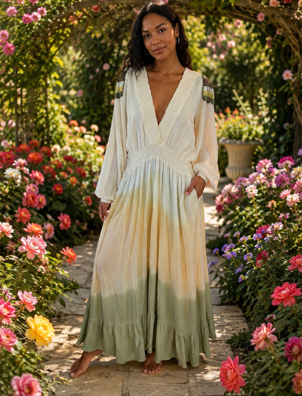 Golden Horizon Embellished Boho Maxi Dress