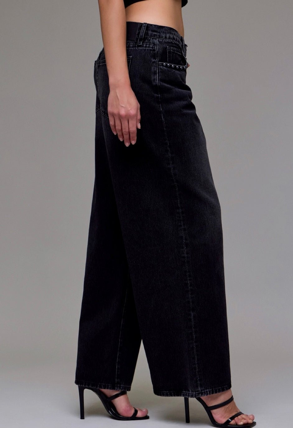 Black Oversized Low Slung Studded Baggy Jean - chic life.com