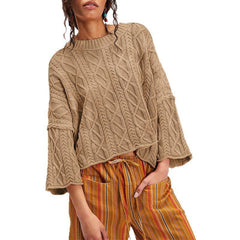 Cropped Cable Knit Sweater | 7/8 Bell Sleeve Pullover Women: Khaki / 100%Acrylic / XL - chic life.com