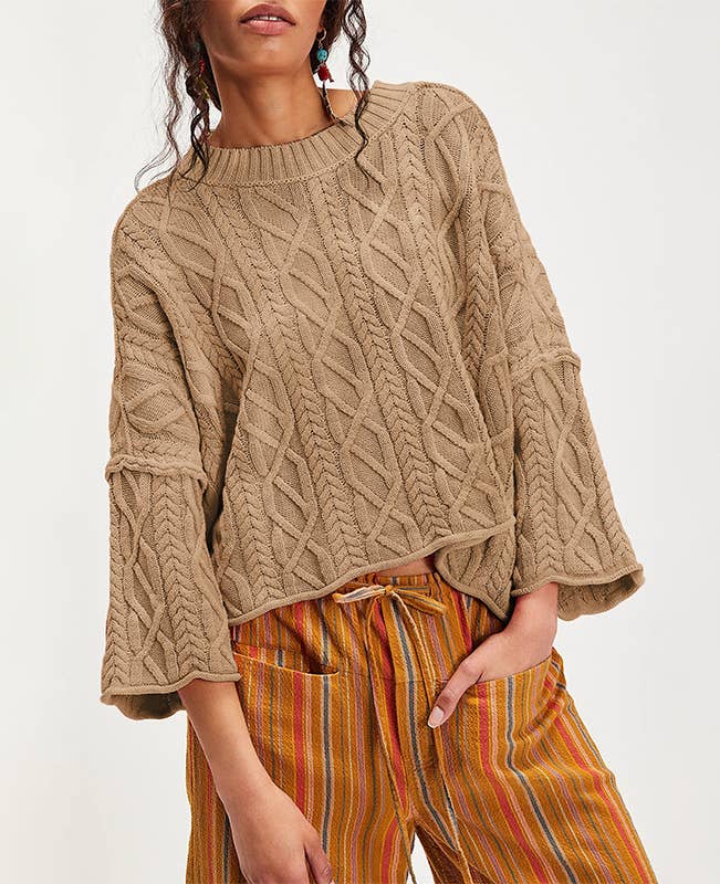 Cropped Cable Knit Sweater | 7/8 Bell Sleeve Pullover Women: Khaki / 100%Acrylic / XL - chic life.com