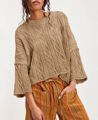 Cropped Cable Knit Sweater | 7/8 Bell Sleeve Pullover Women: Khaki / 100%Acrylic / XL - chic life.com