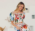 Floral Border Puff Sleeve Crop Top - Chic Life