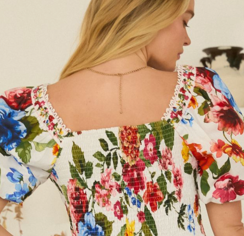 Floral Border Puff Sleeve Crop Top - Chic Life