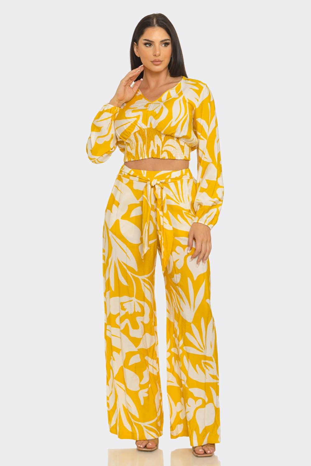 Floral Print Elastic Shirring Top And Pants Set : Yellow - White - chic life.com