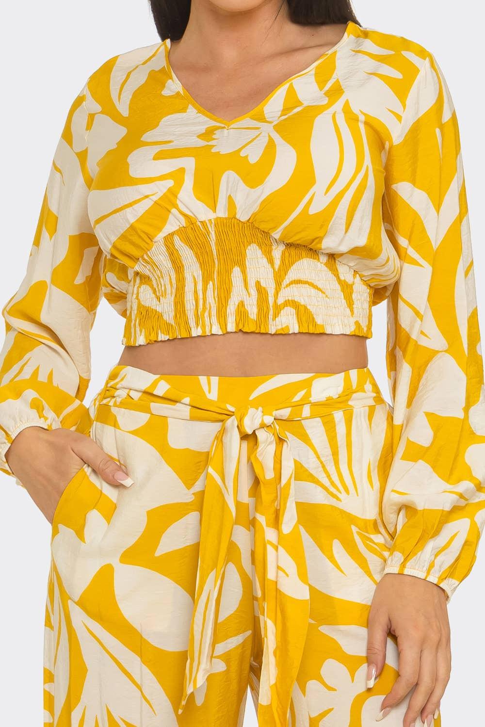 Floral Print Elastic Shirring Top And Pants Set : Yellow - White - chic life.com