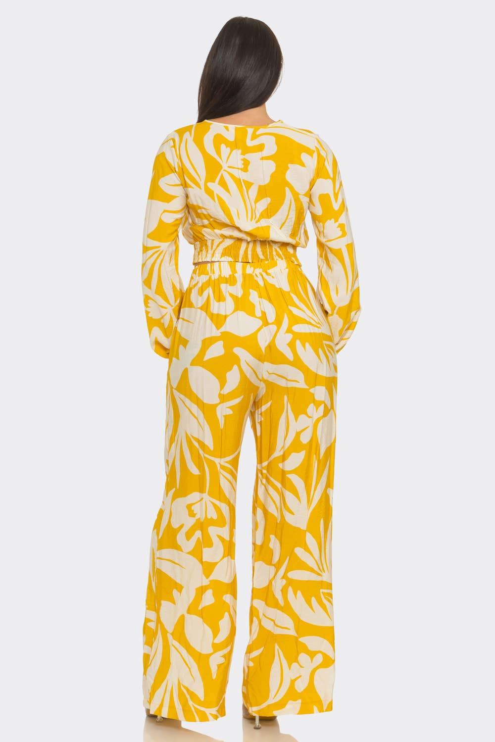 Floral Print Elastic Shirring Top And Pants Set : Yellow - White - chic life.com