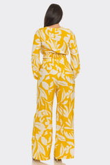 Floral Print Elastic Shirring Top And Pants Set : Yellow - White - chic life.com