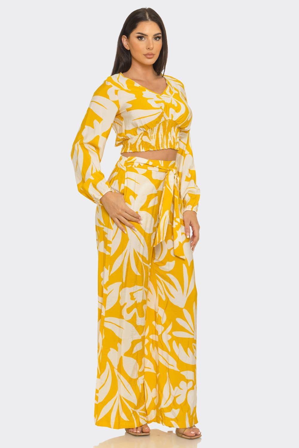 Floral Print Elastic Shirring Top And Pants Set : Yellow - White - chic life.com