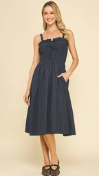 Front - Tie Detailed Smocking Midi Dress - chic life.com