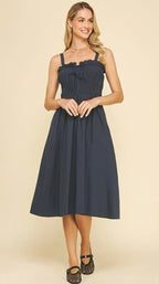 Front - Tie Detailed Smocking Midi Dress - chic life.com