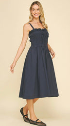 Front - Tie Detailed Smocking Midi Dress - chic life.com