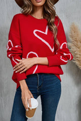 Heart Print Pullover Sweater - Valentine’s Day Knit Top: Red / M - chic life.com