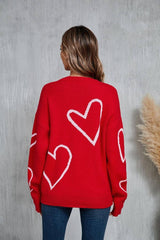 Heart Print Pullover Sweater - Valentine’s Day Knit Top: Red / M - chic life.com