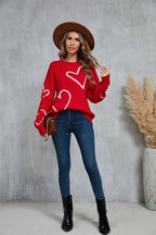 Heart Print Pullover Sweater - Valentine’s Day Knit Top: Red / M - chic life.com