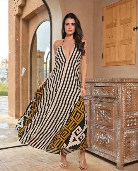 Levane V - Neck Maxi Dress Geometric Print - Chic Life