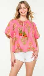 Puff Sleeve Floral Tassel Tie Top - chic life.com
