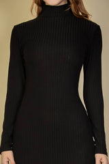 Ribbed Mock Neck Long Sleeve Bodycon Midi Dress: BLACK / L - chic life.com