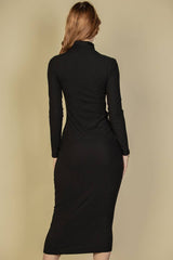 Ribbed Mock Neck Long Sleeve Bodycon Midi Dress: BLACK / M - chic life.com
