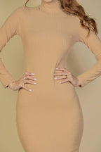 Ribbed Mock Neck Long Sleeve Bodycon Midi Dress: BLACK / S - chic life.com