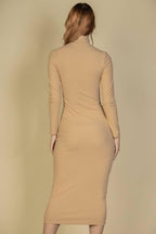 Ribbed Mock Neck Long Sleeve Bodycon Midi Dress: BLACK / S - chic life.com