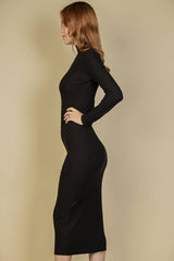Ribbed Mock Neck Long Sleeve Bodycon Midi Dress: BLACK / S - chic life.com