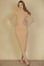 Ribbed Mock Neck Long Sleeve Bodycon Midi Dress: BLACK / S - chic life.com