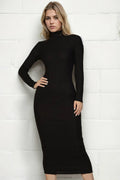 Ribbed Mock Neck Long Sleeve Bodycon Midi Dress: BLACK / S - chic life.com
