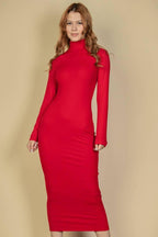 Ribbed Mock Neck Long Sleeve Bodycon Midi Dress: BLACK / S - chic life.com