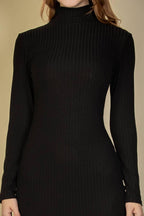 Ribbed Mock Neck Long Sleeve Bodycon Midi Dress: BLACK / S - chic life.com