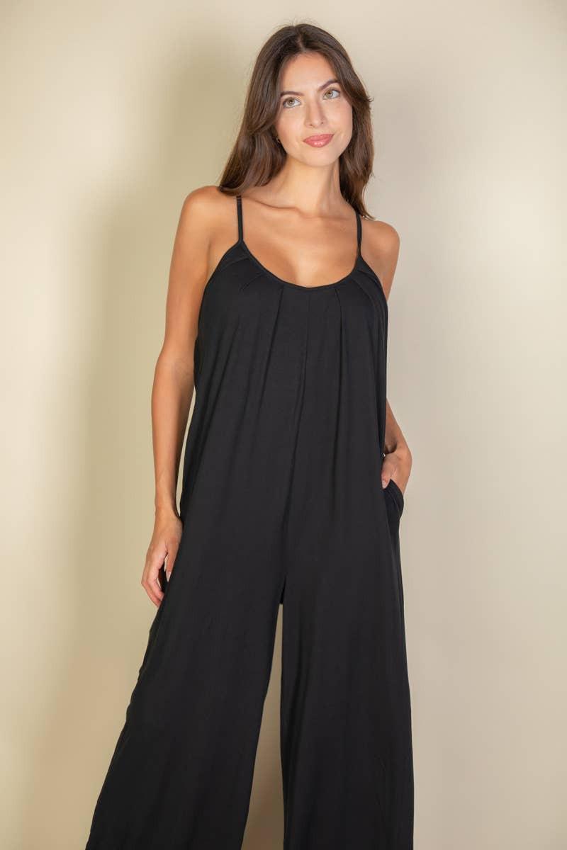 Spaghetti strap solid wide jumpsuit: Black / L - chic life.com